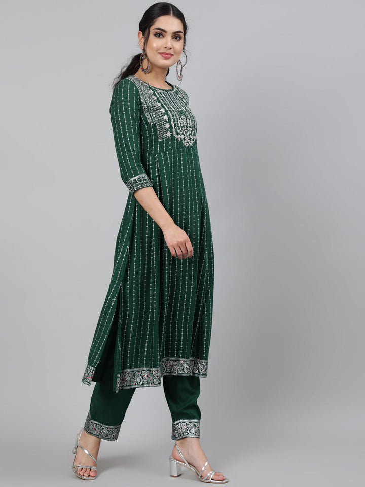Rayon Sequence 3/4 Sleeve A-Line Round Neck Calf Length Kurta Set
