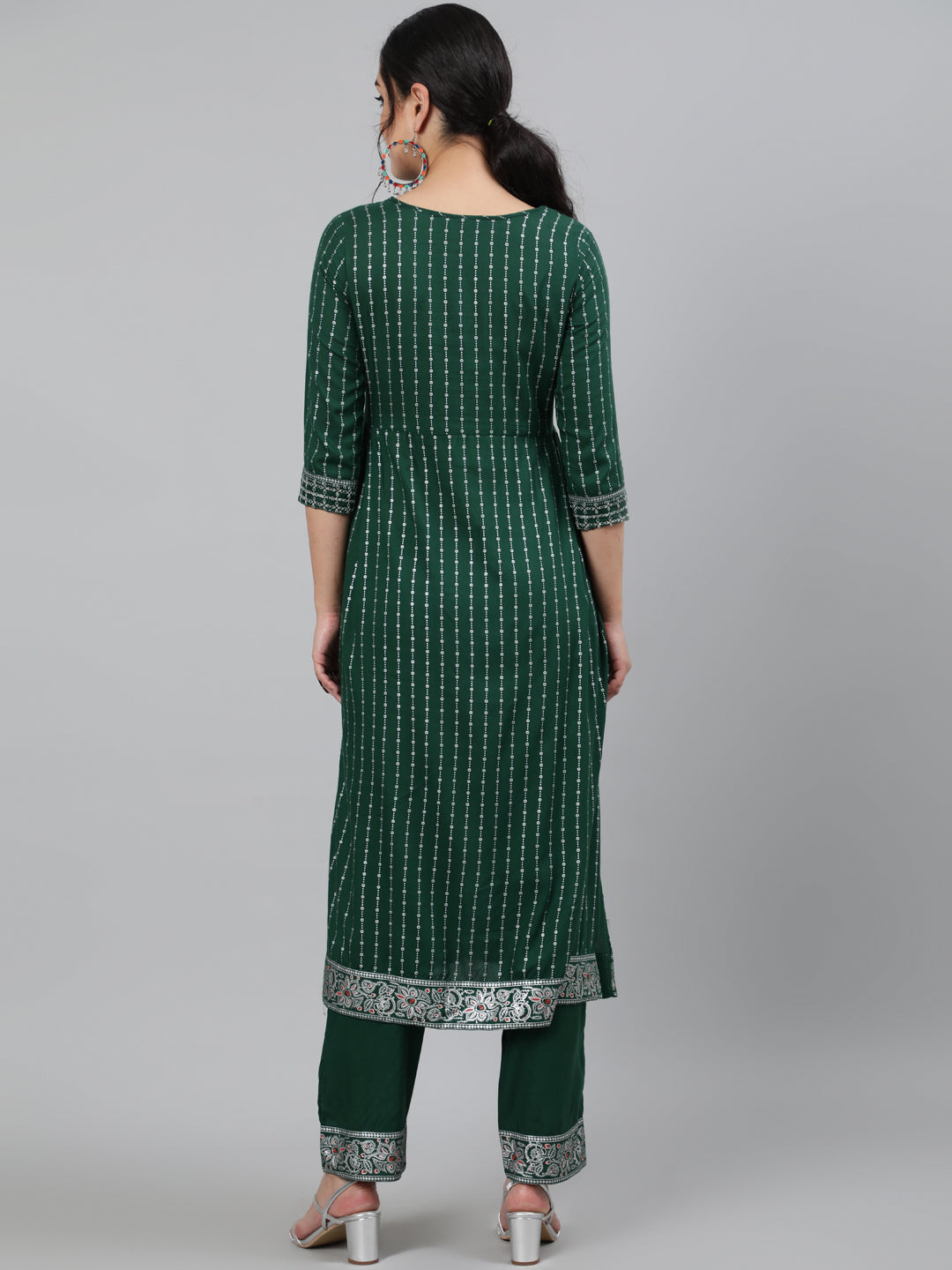 Rayon Sequence 3/4 Sleeve A-Line Round Neck Calf Length Kurta Set