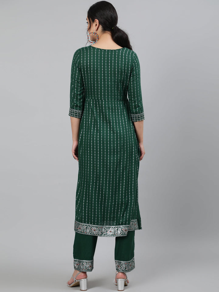 Rayon Sequence 3/4 Sleeve A-Line Round Neck Calf Length Kurta Set