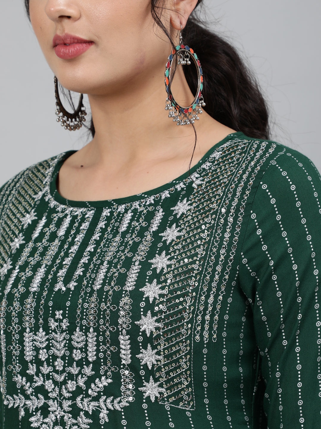 Rayon Sequence 3/4 Sleeve A-Line Round Neck Calf Length Kurta Set
