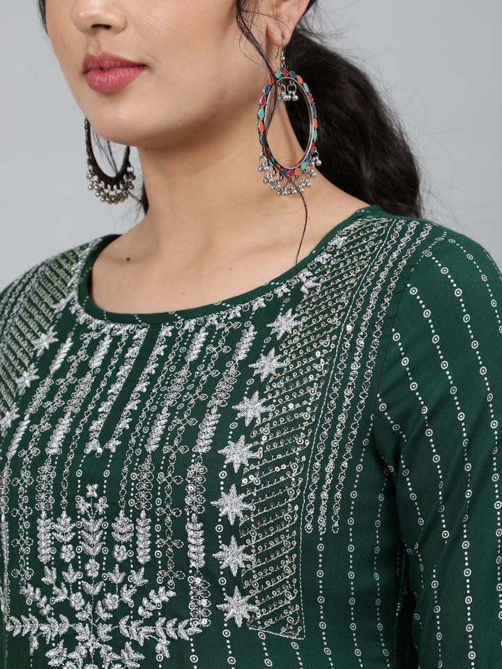 Rayon Sequence 3/4 Sleeve A-Line Round Neck Calf Length Kurta Set