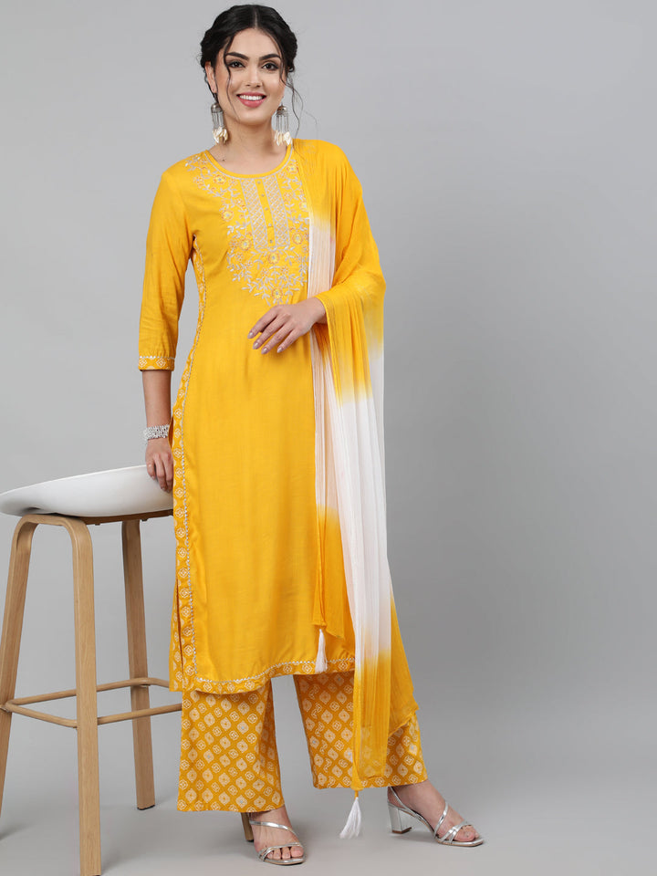 Rayon Slub Embroidered 3/4 Sleeve Straight Round Neck Calf Length Kurta Set