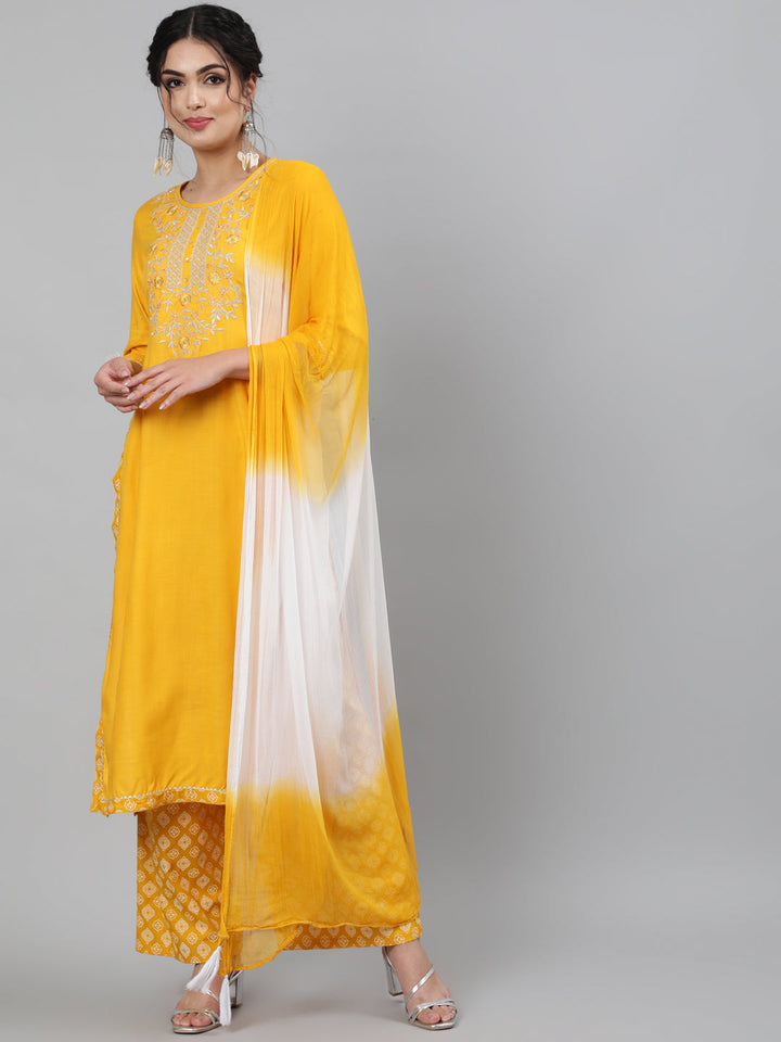 Rayon Slub Embroidered 3/4 Sleeve Straight Round Neck Calf Length Kurta Set