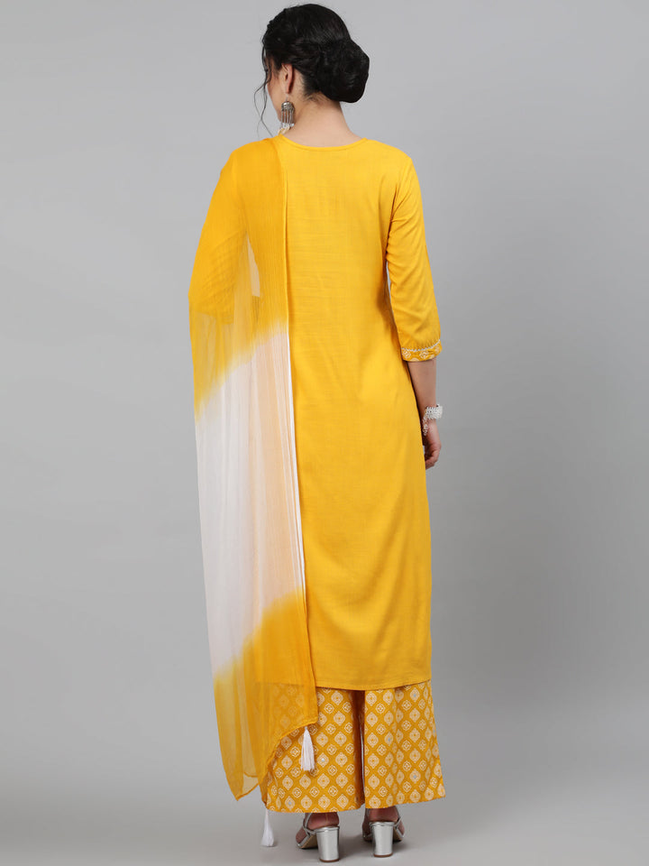 Rayon Slub Embroidered 3/4 Sleeve Straight Round Neck Calf Length Kurta Set