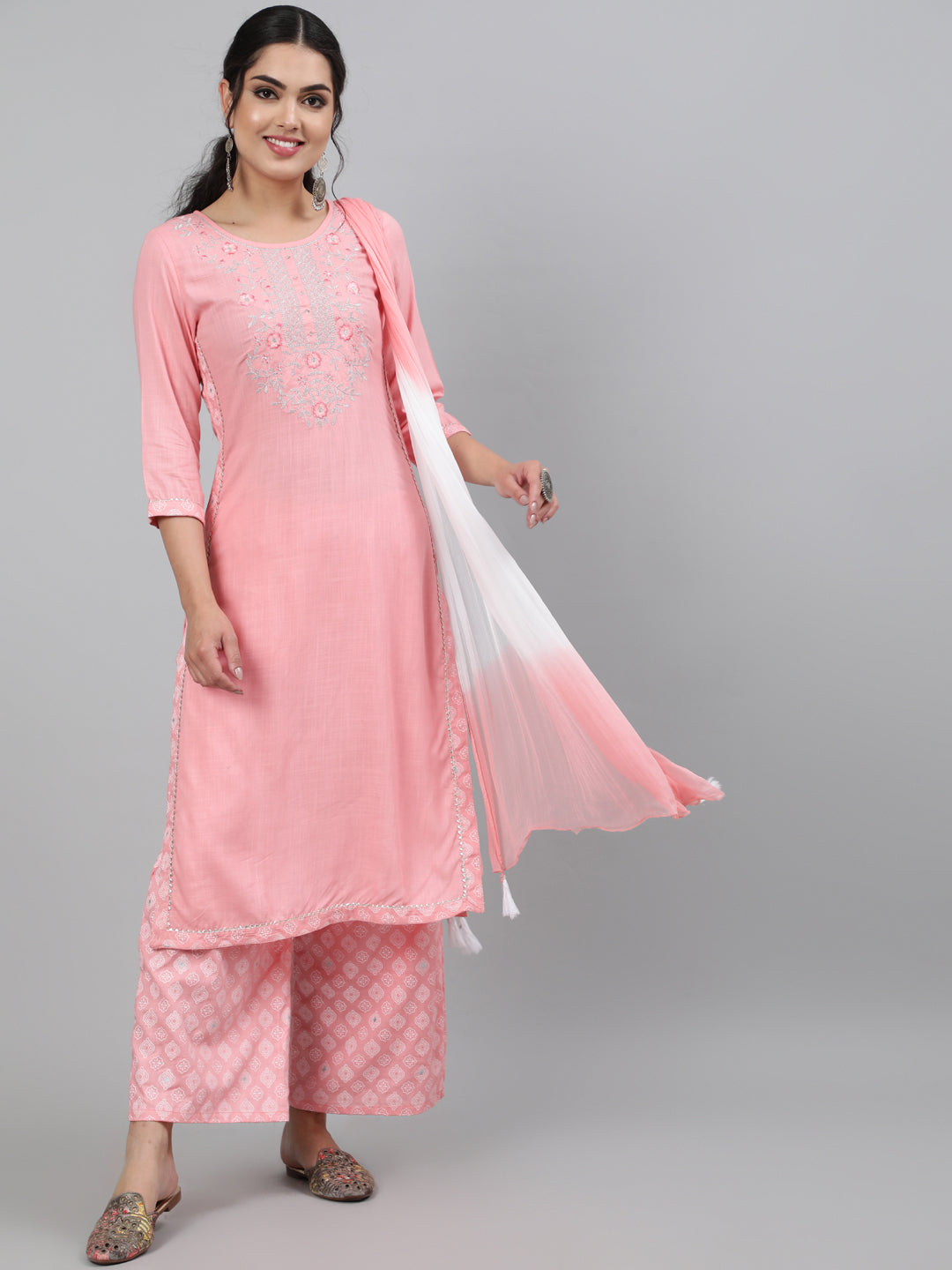 Rayon Slub Embroidered 3/4 Sleeve Straight Round Neck Calf Length Kurta Set