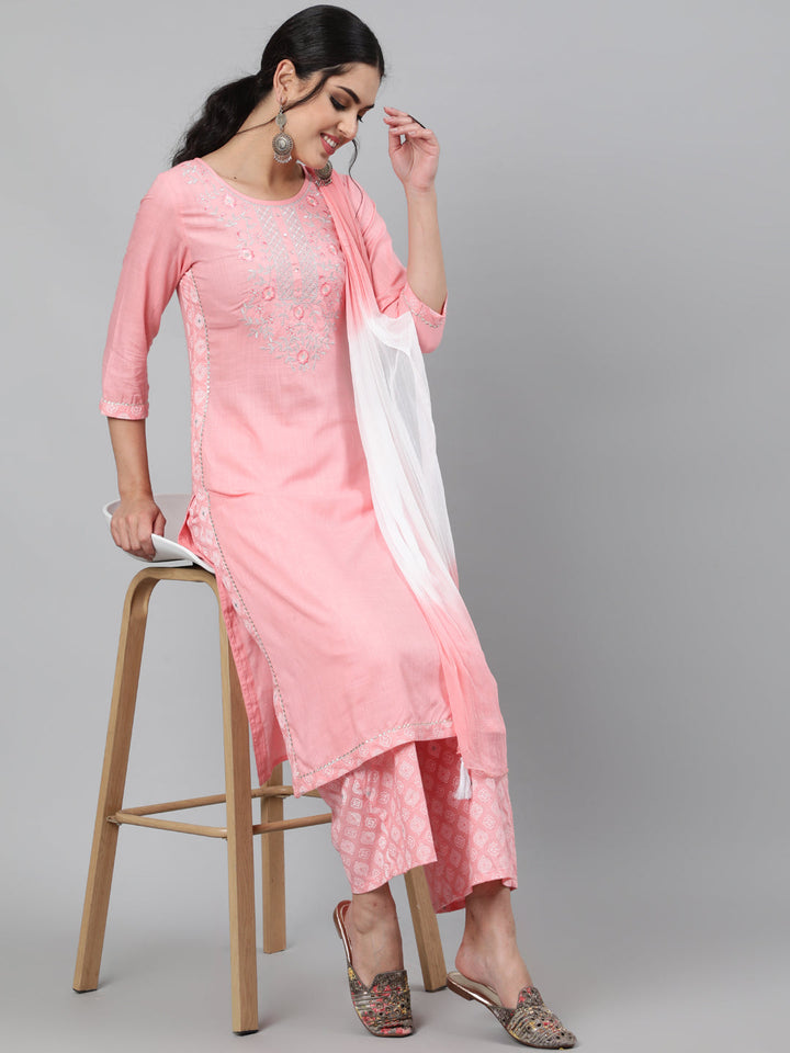 Rayon Slub Embroidered 3/4 Sleeve Straight Round Neck Calf Length Kurta Set