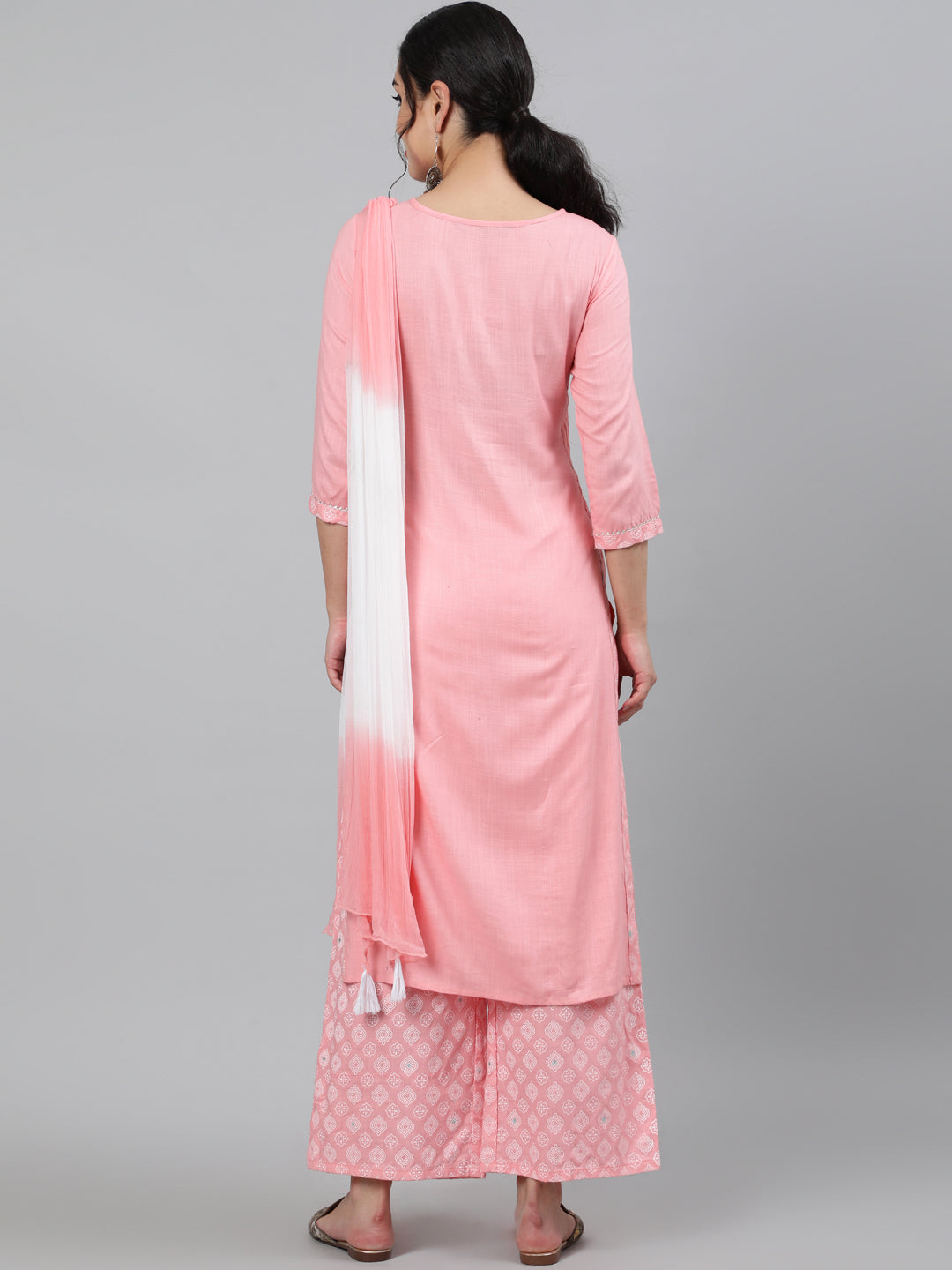 Rayon Slub Embroidered 3/4 Sleeve Straight Round Neck Calf Length Kurta Set