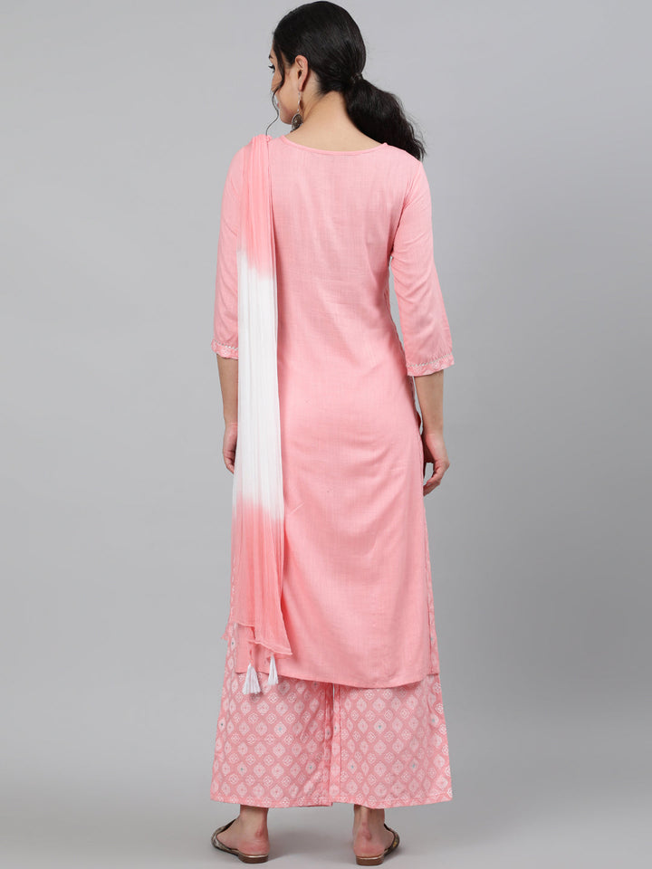 Rayon Slub Embroidered 3/4 Sleeve Straight Round Neck Calf Length Kurta Set