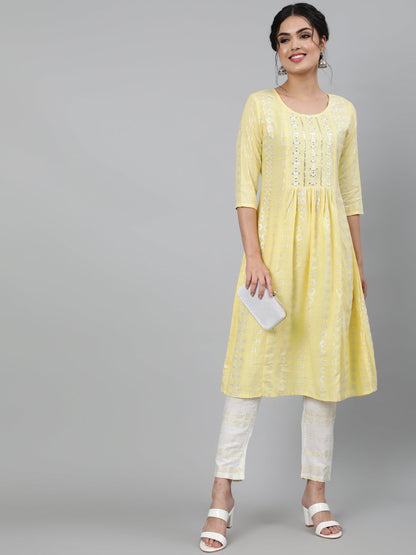 Rayon Slub Sequence 3/4 Sleeve A-Line Round Neck Calf Length Kurta Set