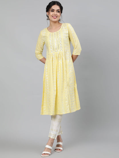 Rayon Slub Sequence 3/4 Sleeve A-Line Round Neck Calf Length Kurta Set