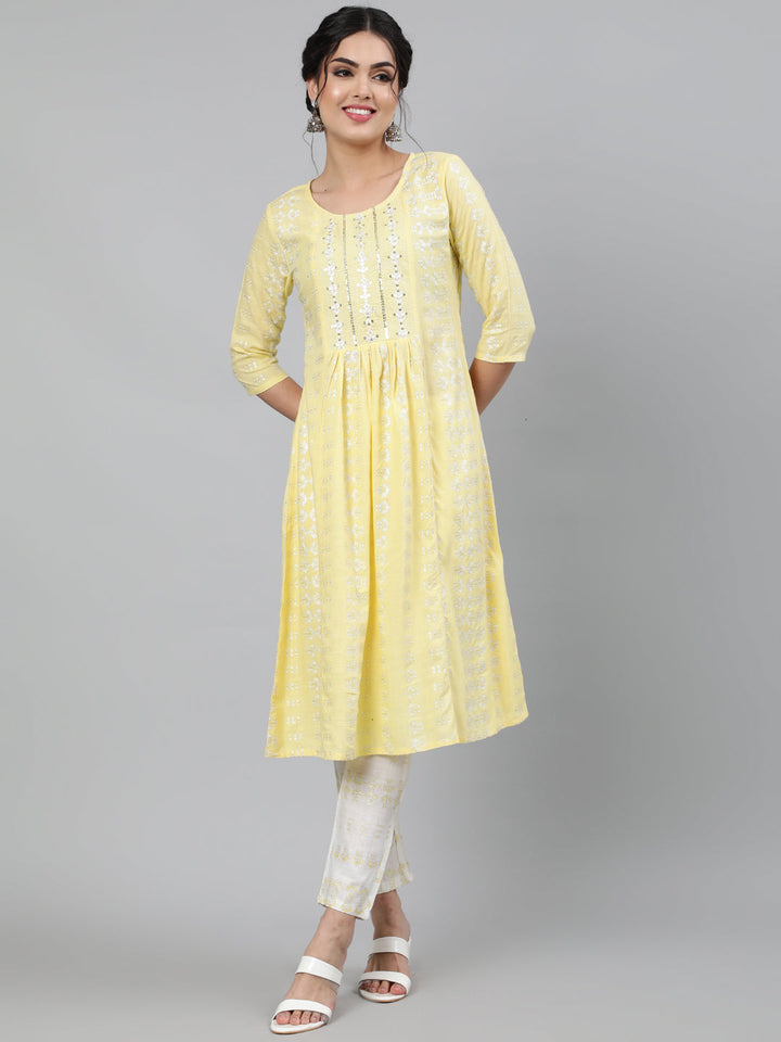 Rayon Slub Sequence 3/4 Sleeve A-Line Round Neck Calf Length Kurta Set