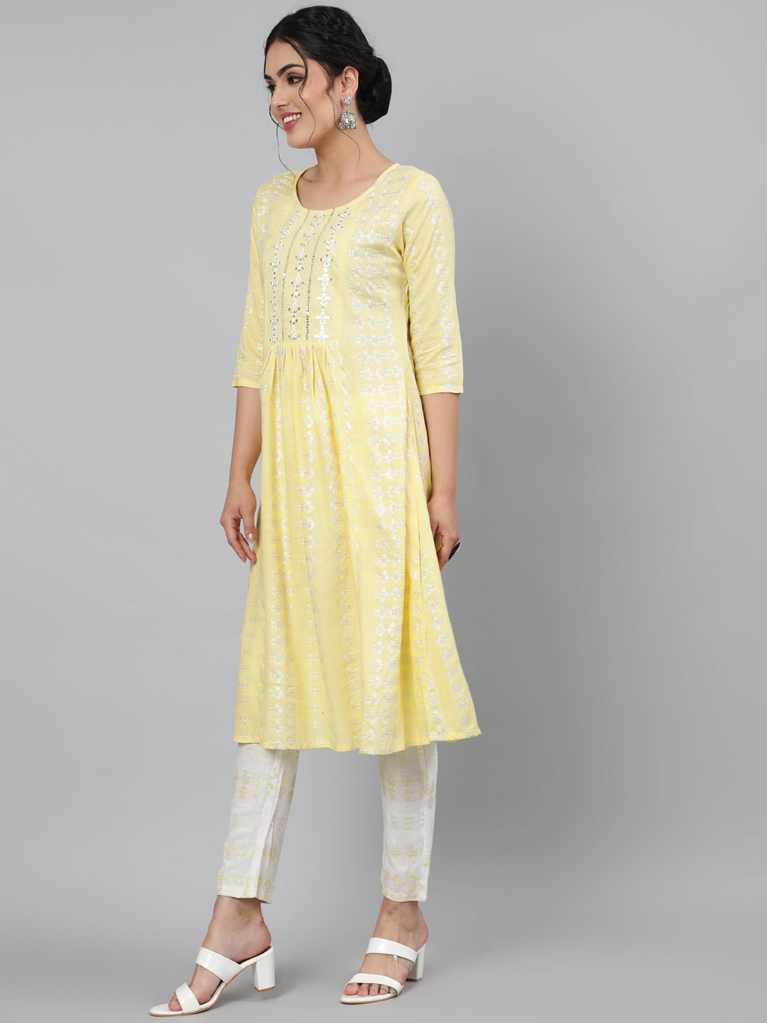 Rayon Slub Sequence 3/4 Sleeve A-Line Round Neck Calf Length Kurta Set