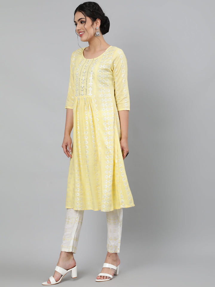 Rayon Slub Sequence 3/4 Sleeve A-Line Round Neck Calf Length Kurta Set