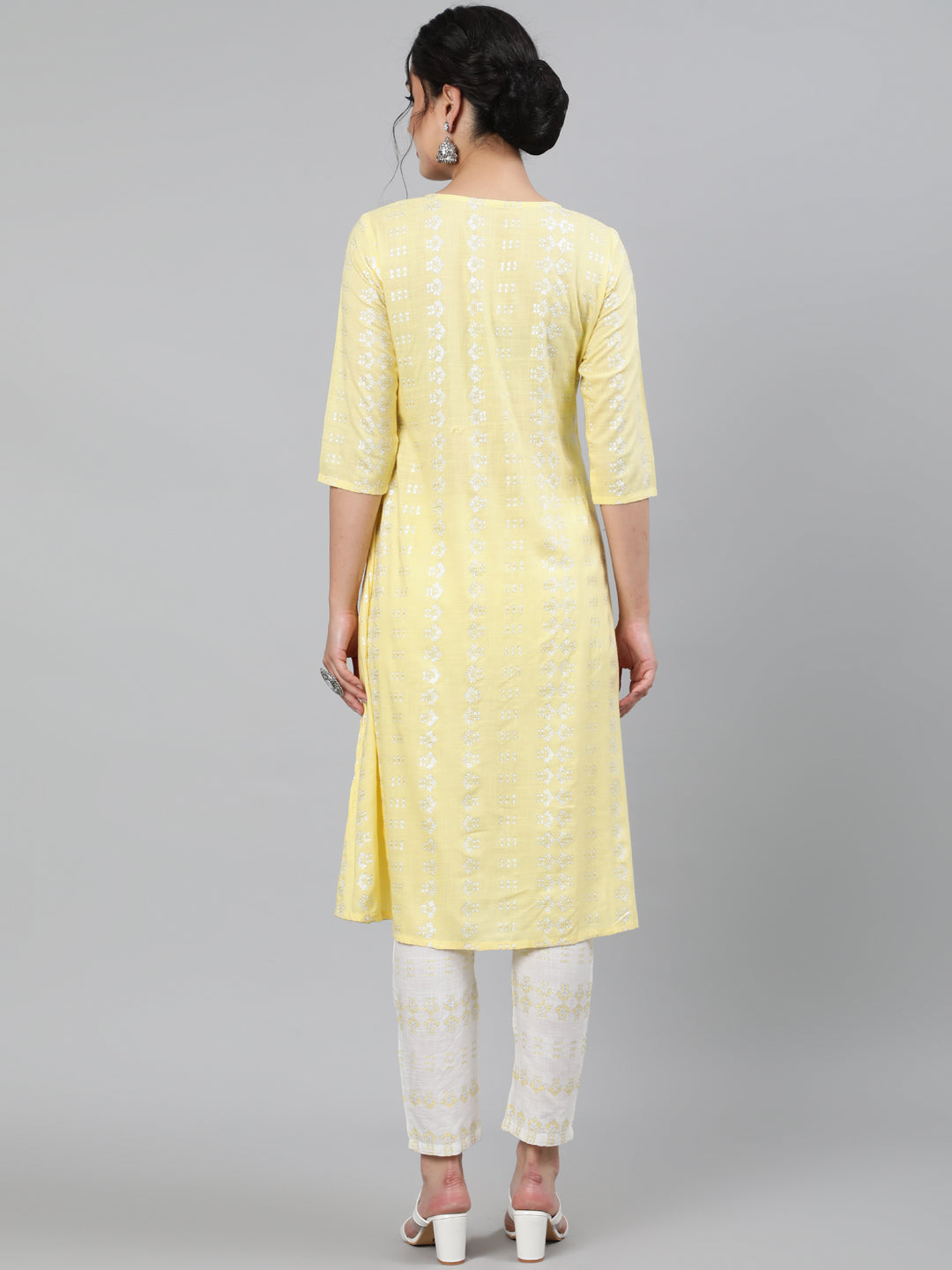 Rayon Slub Sequence 3/4 Sleeve A-Line Round Neck Calf Length Kurta Set