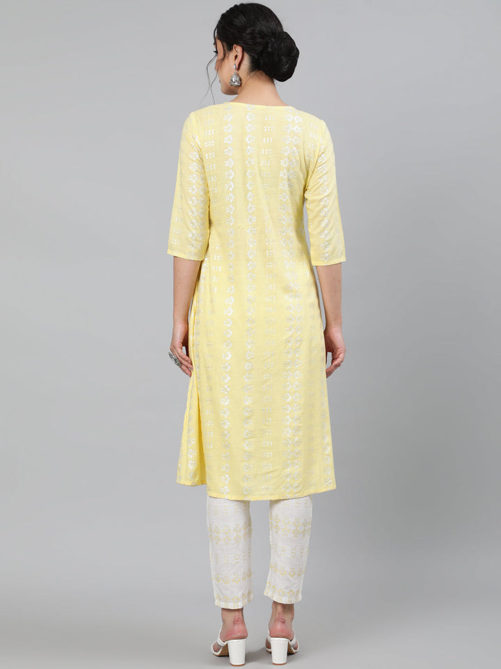Rayon Slub Sequence 3/4 Sleeve A-Line Round Neck Calf Length Kurta Set