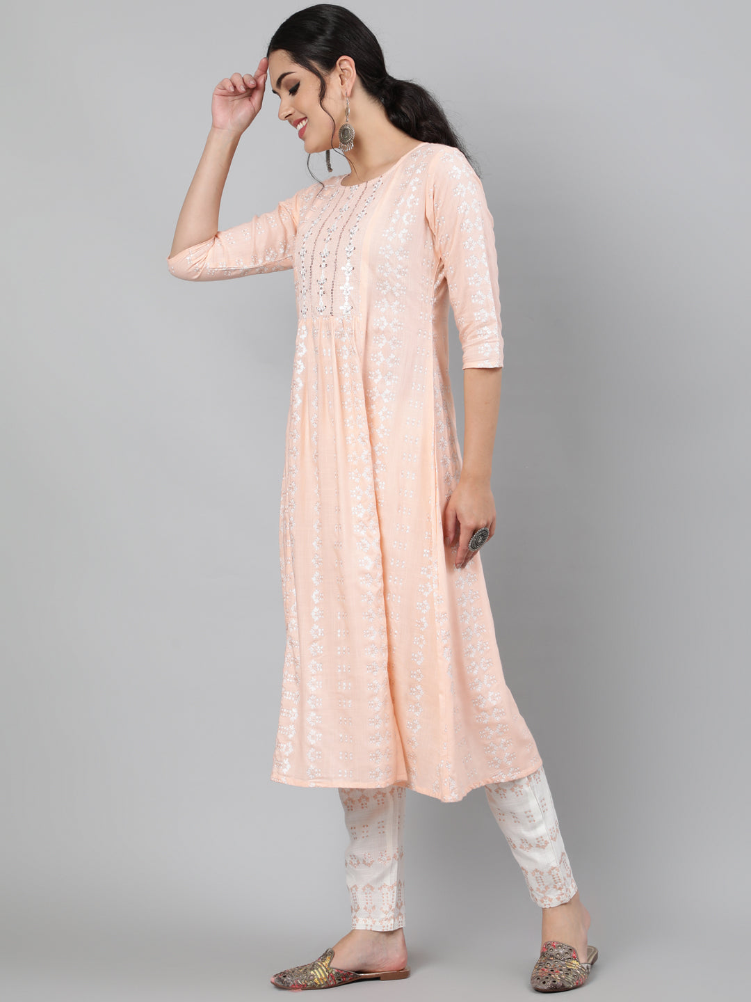 Rayon Slub Sequence 3/4 Sleeve A-Line Round Neck Calf Length Kurta Set