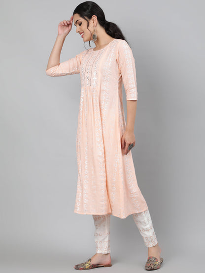 Rayon Slub Sequence 3/4 Sleeve A-Line Round Neck Calf Length Kurta Set