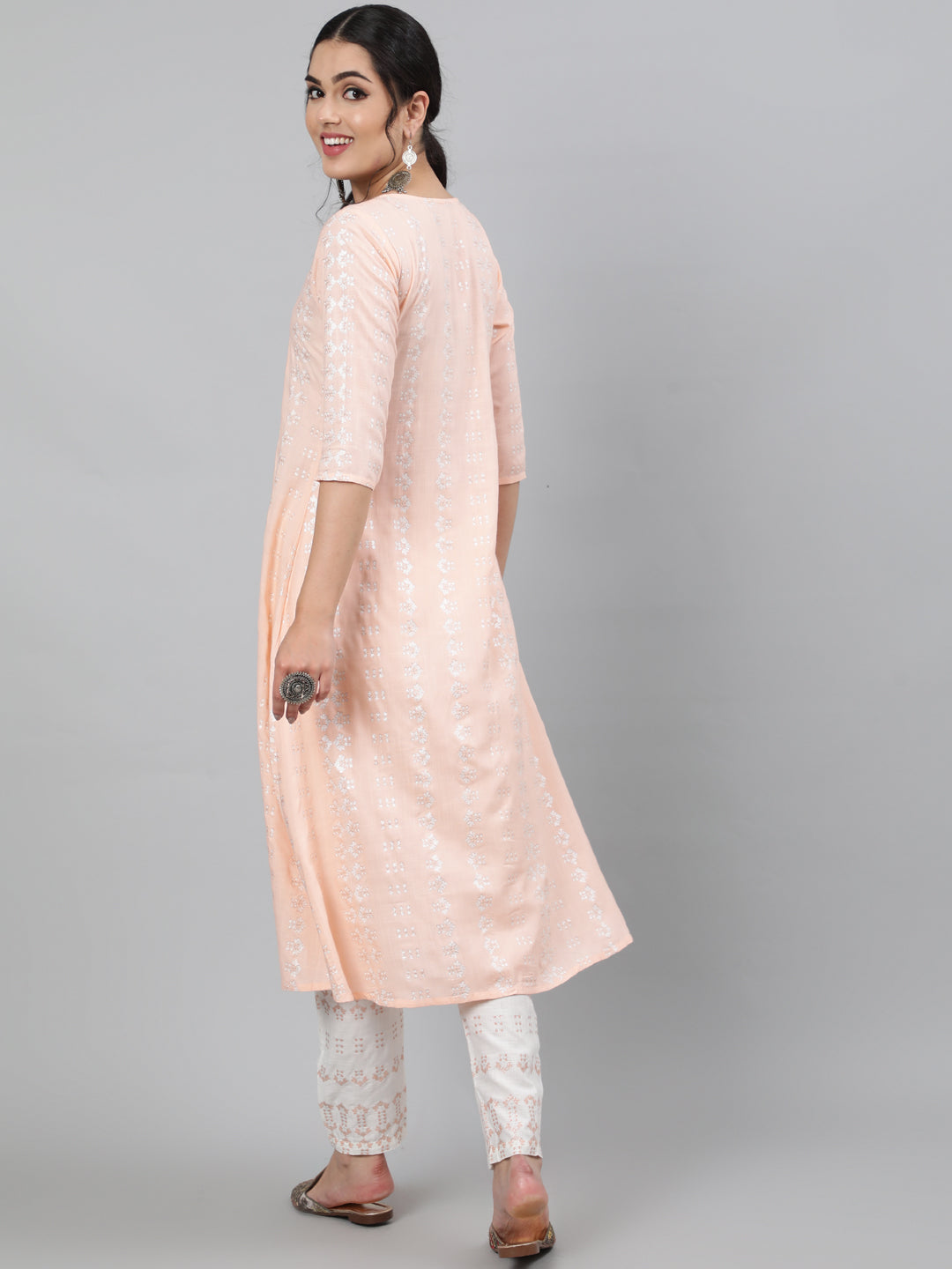 Rayon Slub Sequence 3/4 Sleeve A-Line Round Neck Calf Length Kurta Set