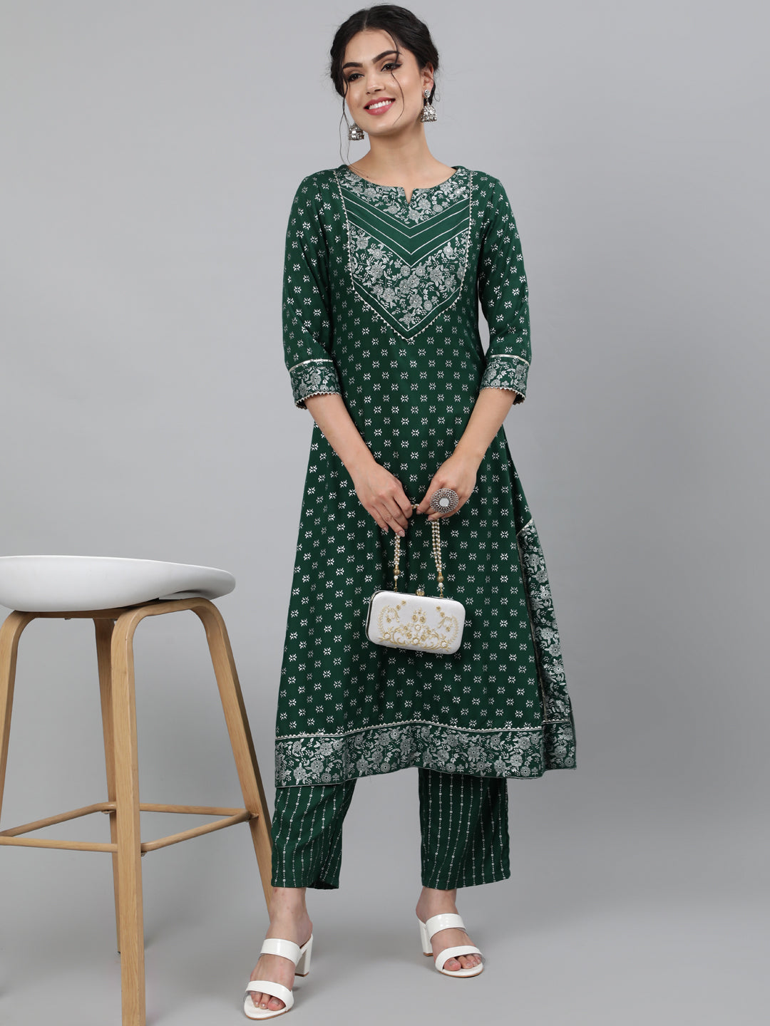 Rayon Printed 3/4 Sleeve A-Line Round Neck Calf Length Kurta Set