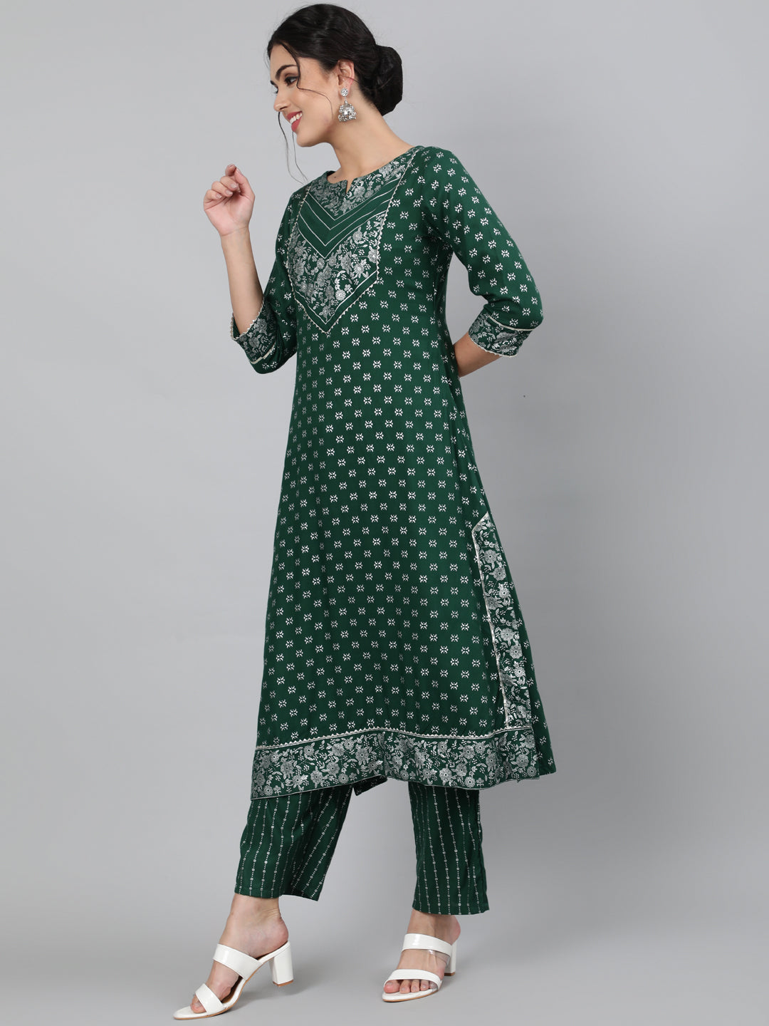 Rayon Printed 3/4 Sleeve A-Line Round Neck Calf Length Kurta Set