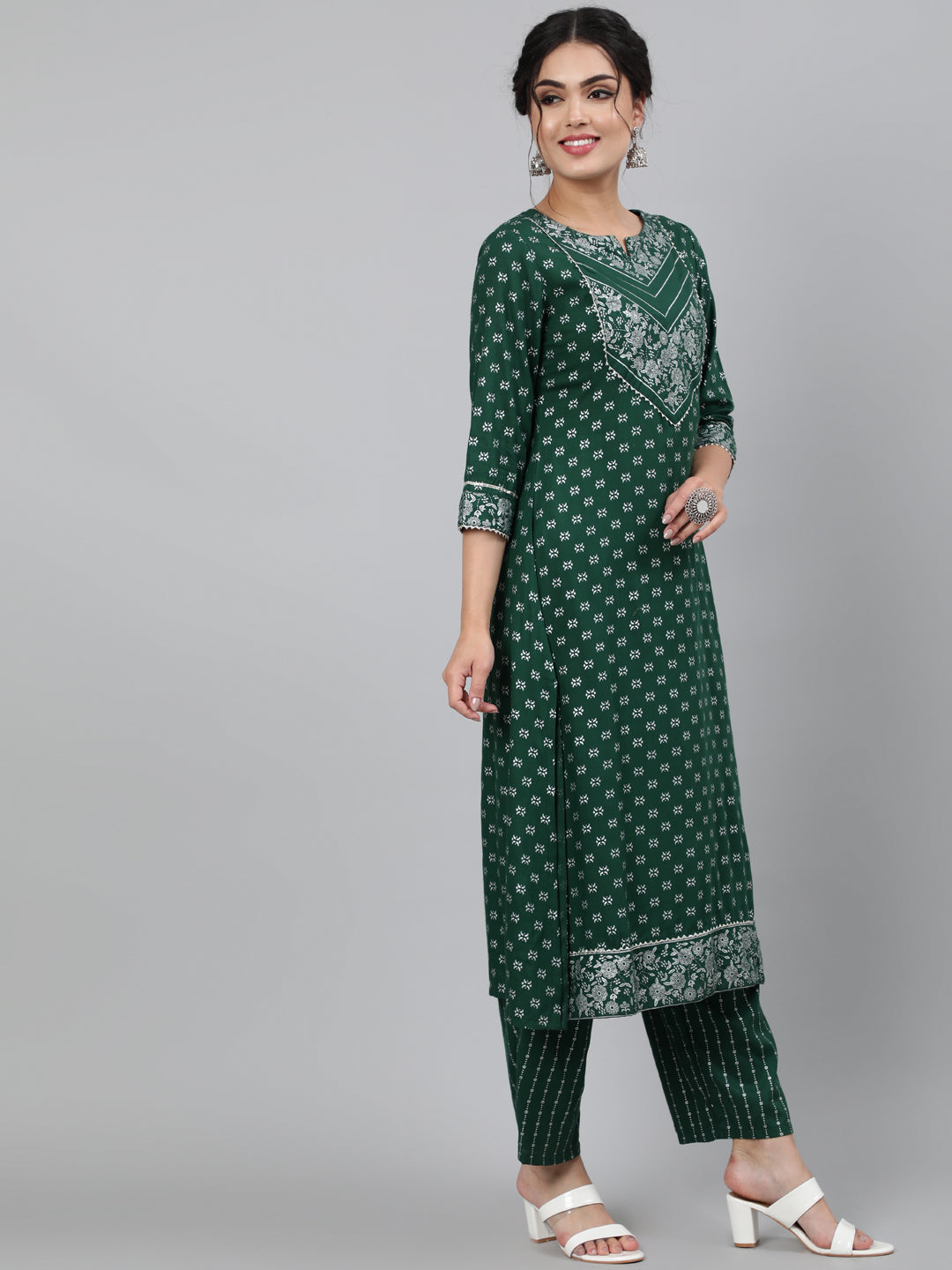 Rayon Printed 3/4 Sleeve A-Line Round Neck Calf Length Kurta Set