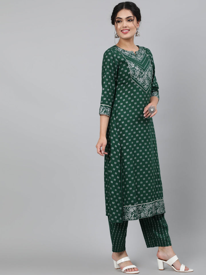 Rayon Printed 3/4 Sleeve A-Line Round Neck Calf Length Kurta Set