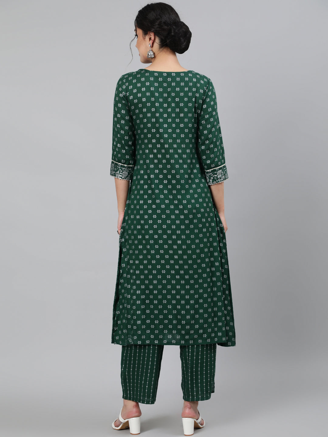 Rayon Printed 3/4 Sleeve A-Line Round Neck Calf Length Kurta Set
