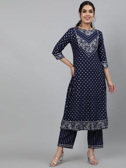 Rayon Printed 3/4 Sleeve A-Line Round Neck Calf Length Kurta Set