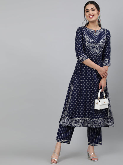 Rayon Printed 3/4 Sleeve A-Line Round Neck Calf Length Kurta Set