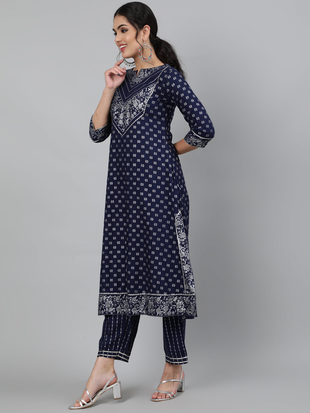 Rayon Printed 3/4 Sleeve A-Line Round Neck Calf Length Kurta Set