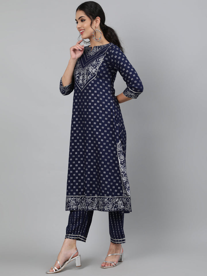 Rayon Printed 3/4 Sleeve A-Line Round Neck Calf Length Kurta Set