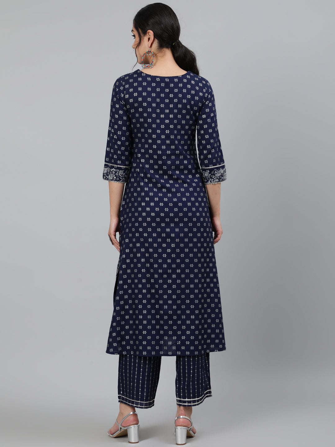 Rayon Printed 3/4 Sleeve A-Line Round Neck Calf Length Kurta Set