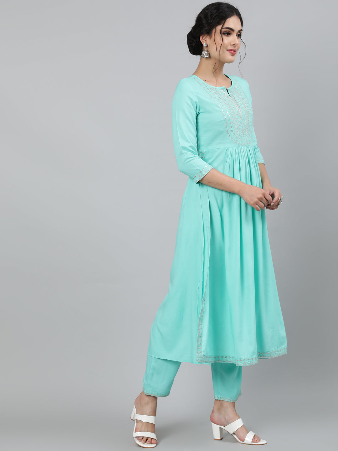 Rayon Sequence 3/4 Sleeve Flared Round Neck Calf Length Kurta Set