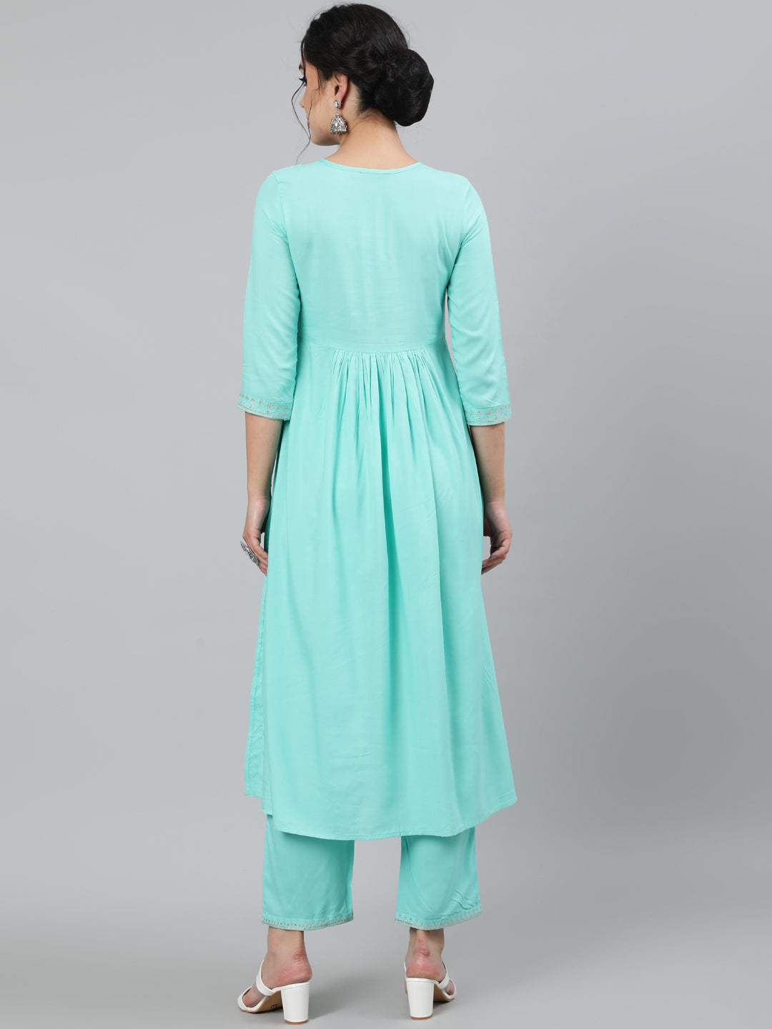 Rayon Sequence 3/4 Sleeve Flared Round Neck Calf Length Kurta Set