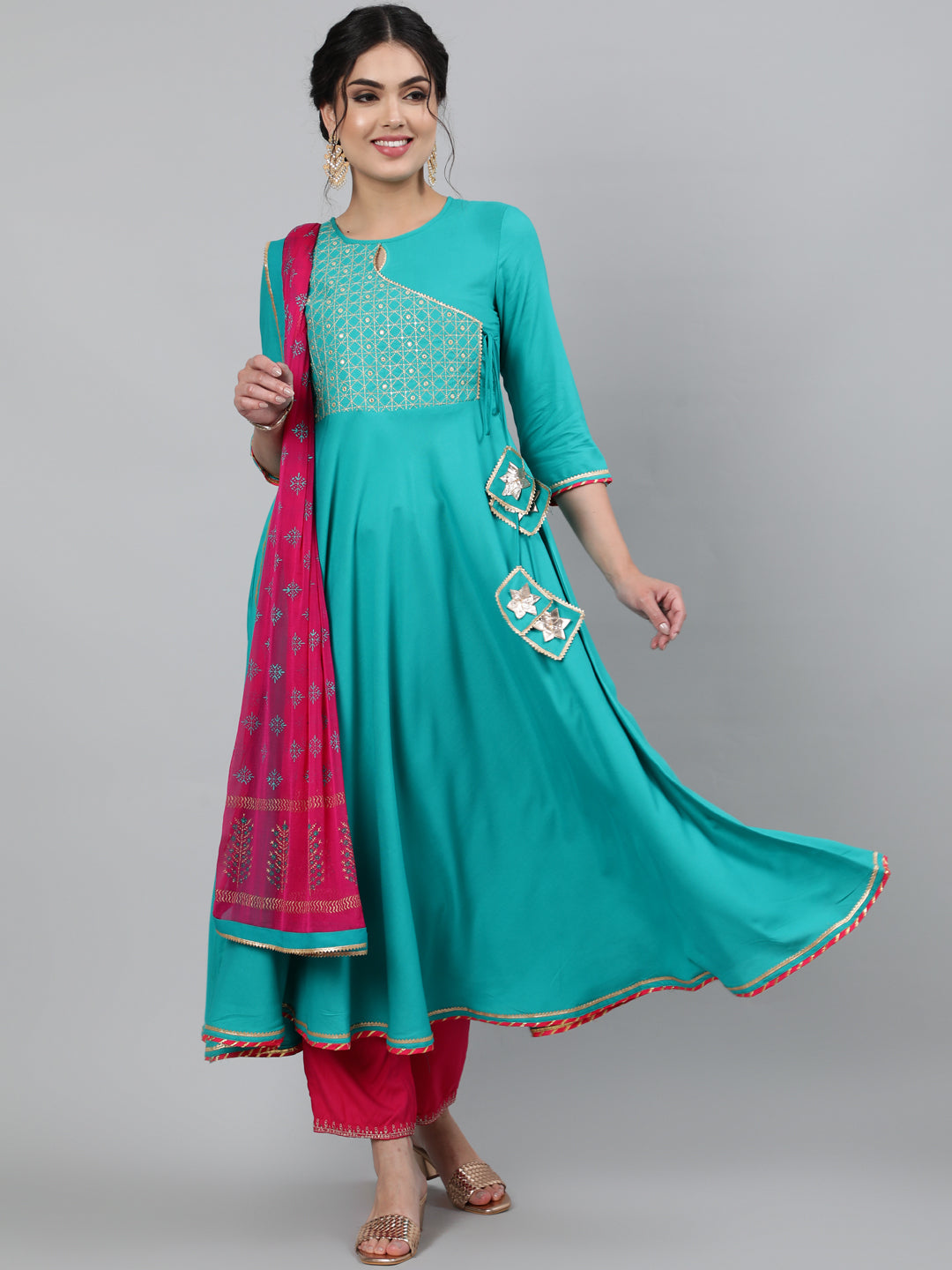Rayon Embroidered 3/4 Sleeve Flared Round Neck Calf Length Kurta With Dupatta
