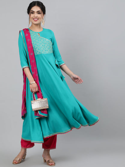 Rayon Embroidered 3/4 Sleeve Flared Round Neck Calf Length Kurta With Dupatta
