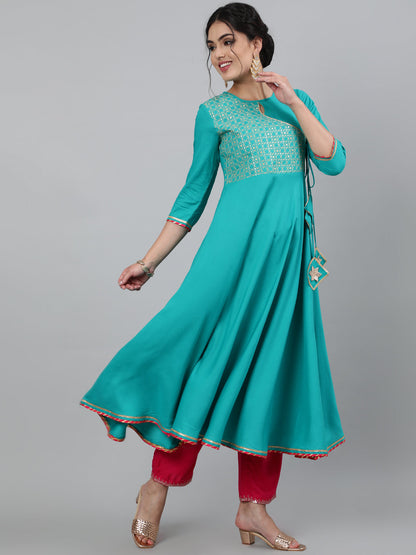 Rayon Embroidered 3/4 Sleeve Flared Round Neck Calf Length Kurta With Dupatta