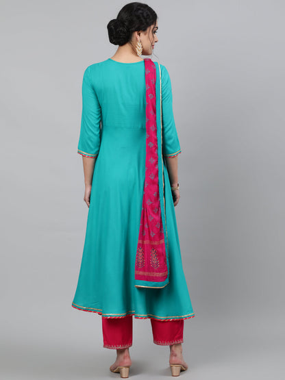 Rayon Embroidered 3/4 Sleeve Flared Round Neck Calf Length Kurta With Dupatta