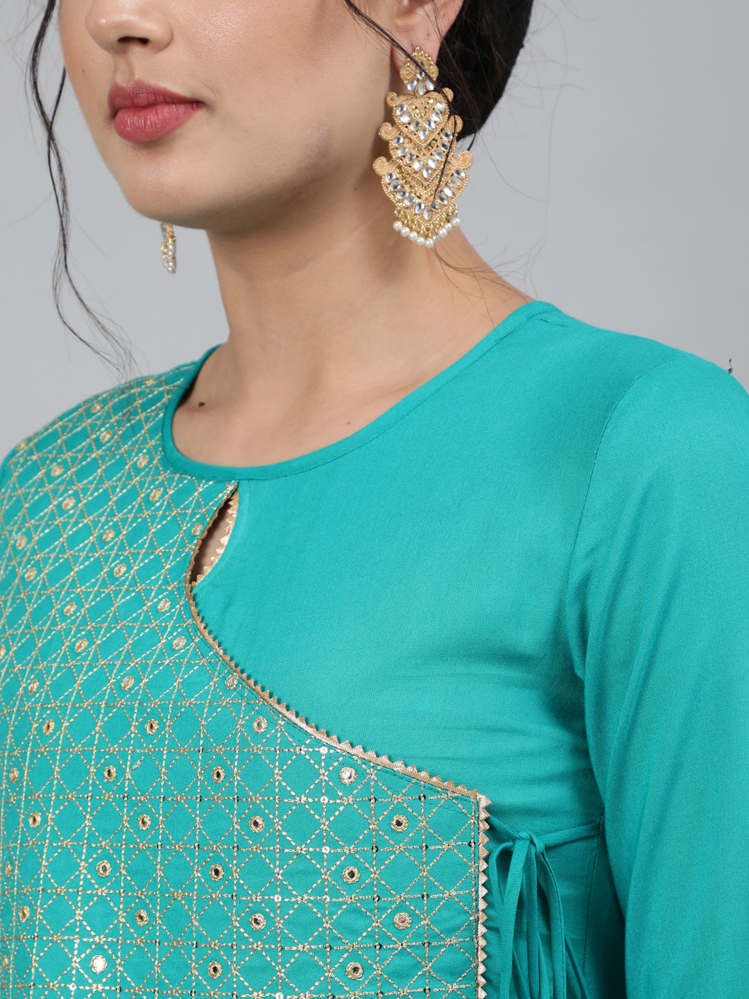 Rayon Embroidered 3/4 Sleeve Flared Round Neck Calf Length Kurta With Dupatta