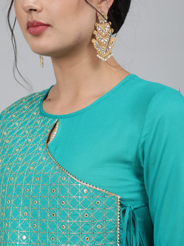 Rayon Embroidered 3/4 Sleeve Flared Round Neck Calf Length Kurta With Dupatta