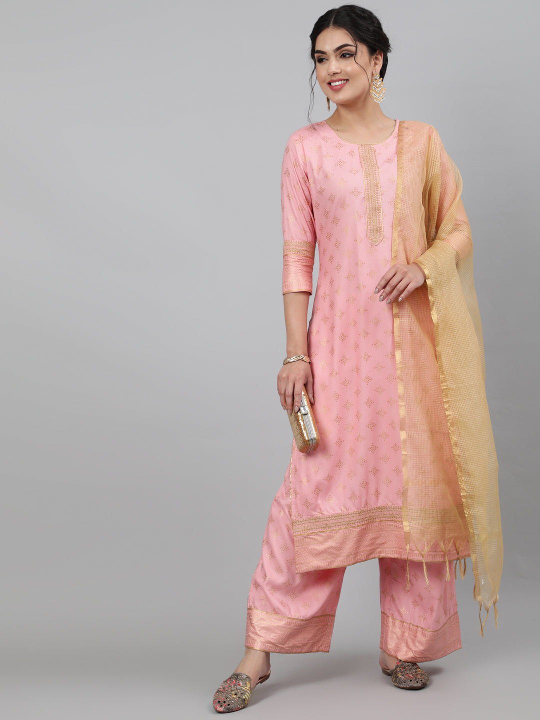 Rayon Foil Printed 3/4 Sleeve Straight Round Neck Calf Length Kurta Set