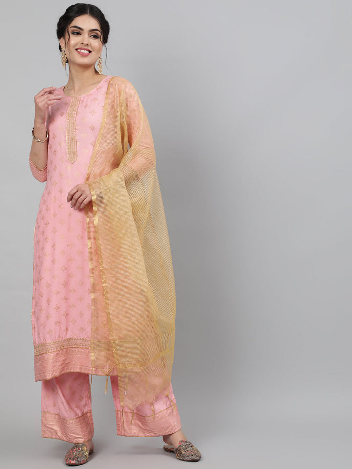 Rayon Foil Printed 3/4 Sleeve Straight Round Neck Calf Length Kurta Set