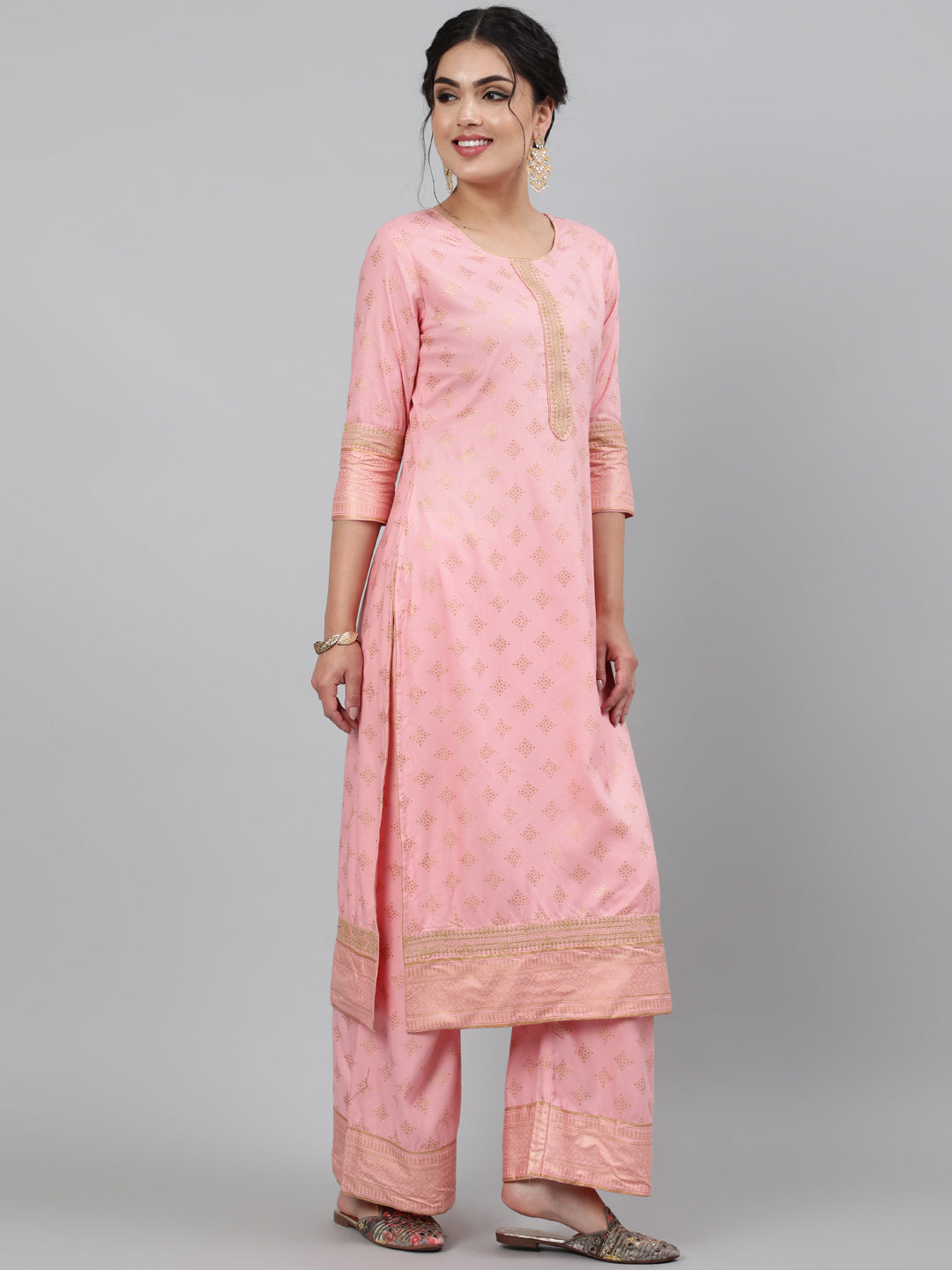 Rayon Foil Printed 3/4 Sleeve Straight Round Neck Calf Length Kurta Set