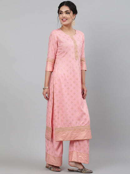 Rayon Foil Printed 3/4 Sleeve Straight Round Neck Calf Length Kurta Set