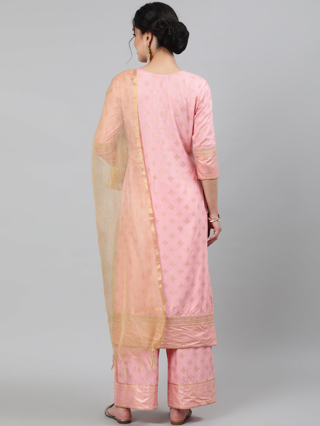 Rayon Foil Printed 3/4 Sleeve Straight Round Neck Calf Length Kurta Set