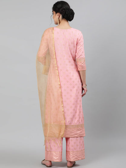 Rayon Foil Printed 3/4 Sleeve Straight Round Neck Calf Length Kurta Set