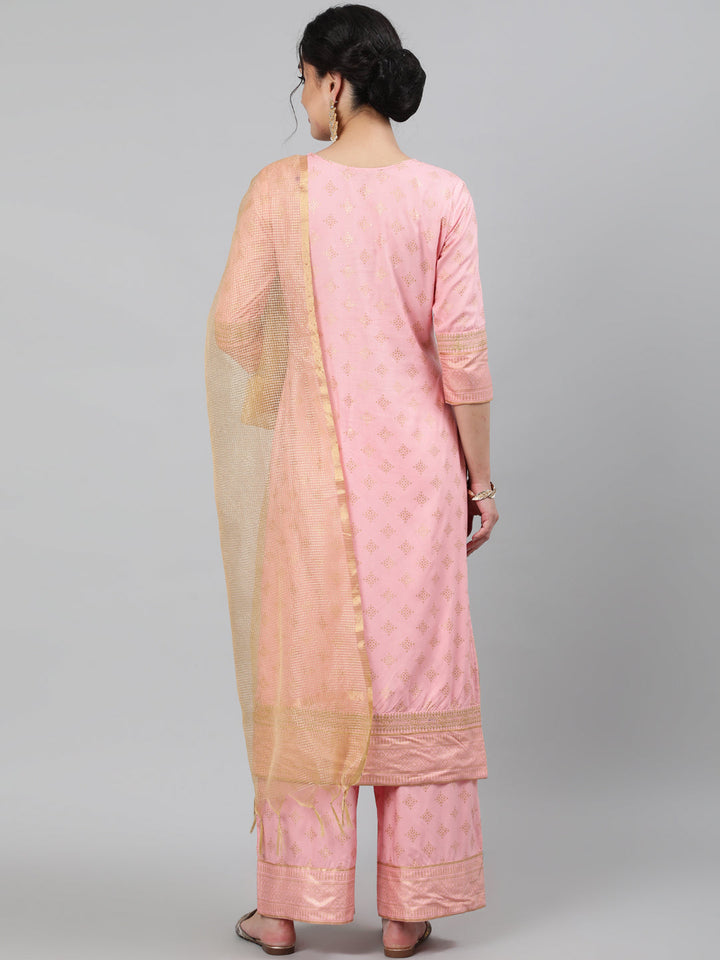 Rayon Foil Printed 3/4 Sleeve Straight Round Neck Calf Length Kurta Set