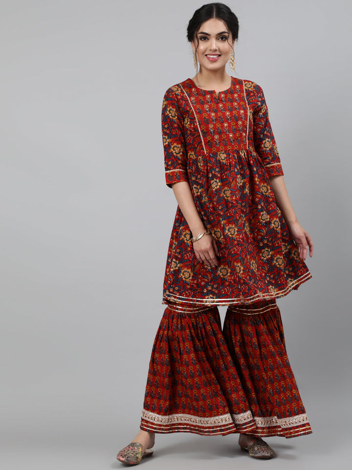 Cotton Hand Work 3/4 Sleeve Flared Round Neck Knee Length Length Kurta Set