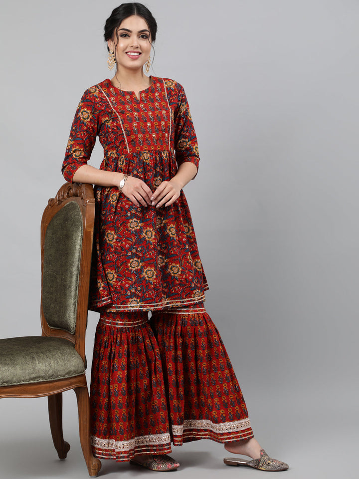 Cotton Hand Work 3/4 Sleeve Flared Round Neck Knee Length Length Kurta Set