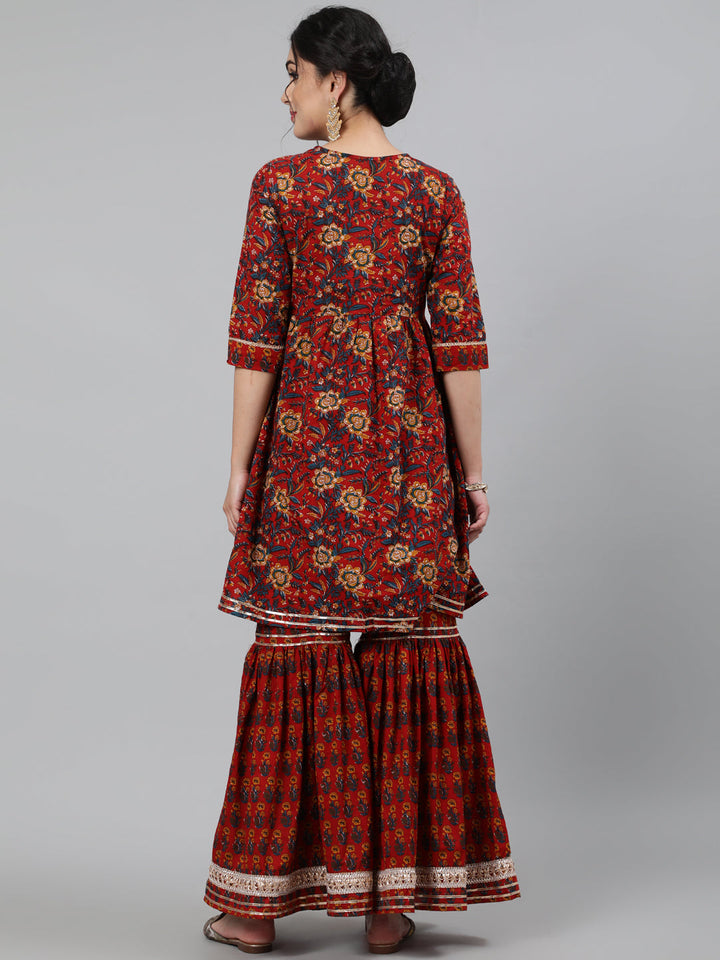 Cotton Hand Work 3/4 Sleeve Flared Round Neck Knee Length Length Kurta Set